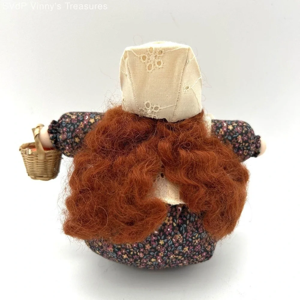 Folk Art Soft Body Doll Red Hair Floral Dress With Basket 5.5 Inch